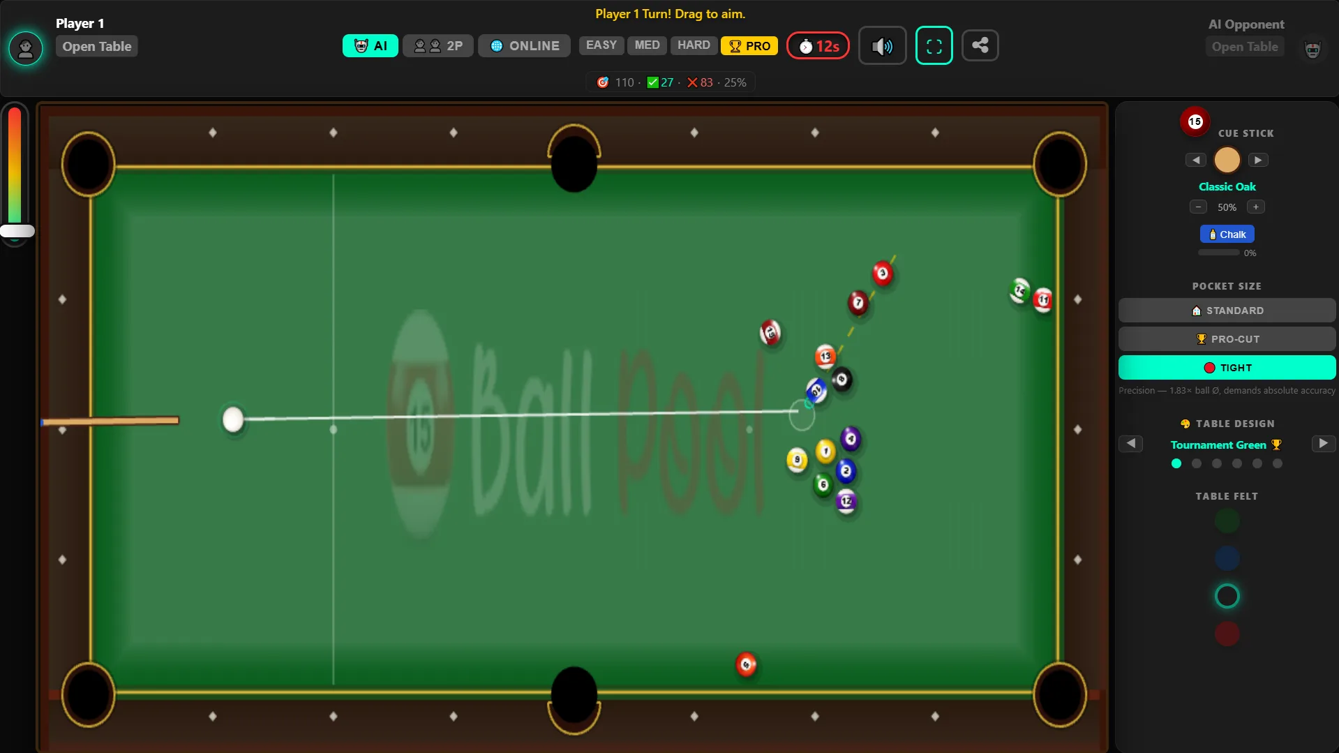15-ball pool break shot with the cue ball striking the rack as billiard balls scatter across a green felt table.