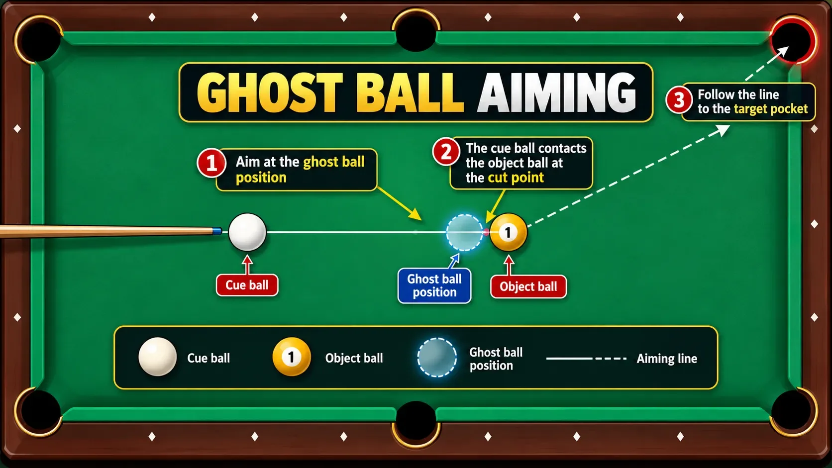 Ghost ball aiming technique on a pool table showing the cue ball, ghost ball position, object ball, aiming line, and target pocket.