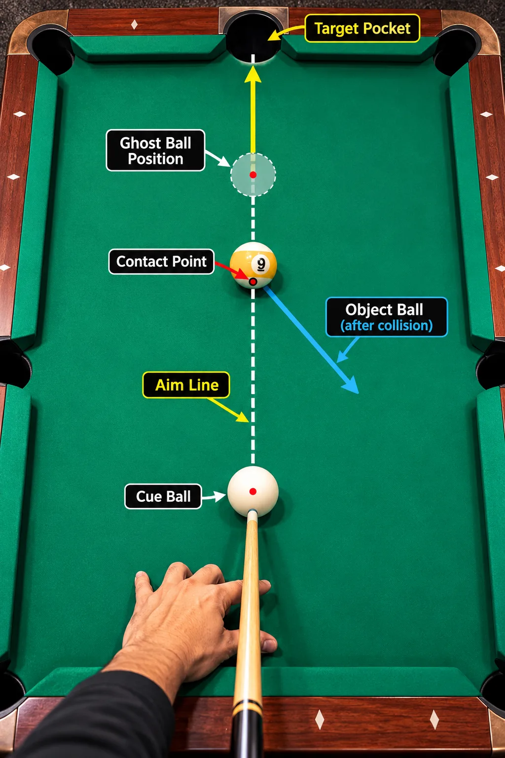 Educational pool aiming diagram showing the cue ball, object ball, ghost ball position, contact point, aim line, and target pocket on a green pool table.