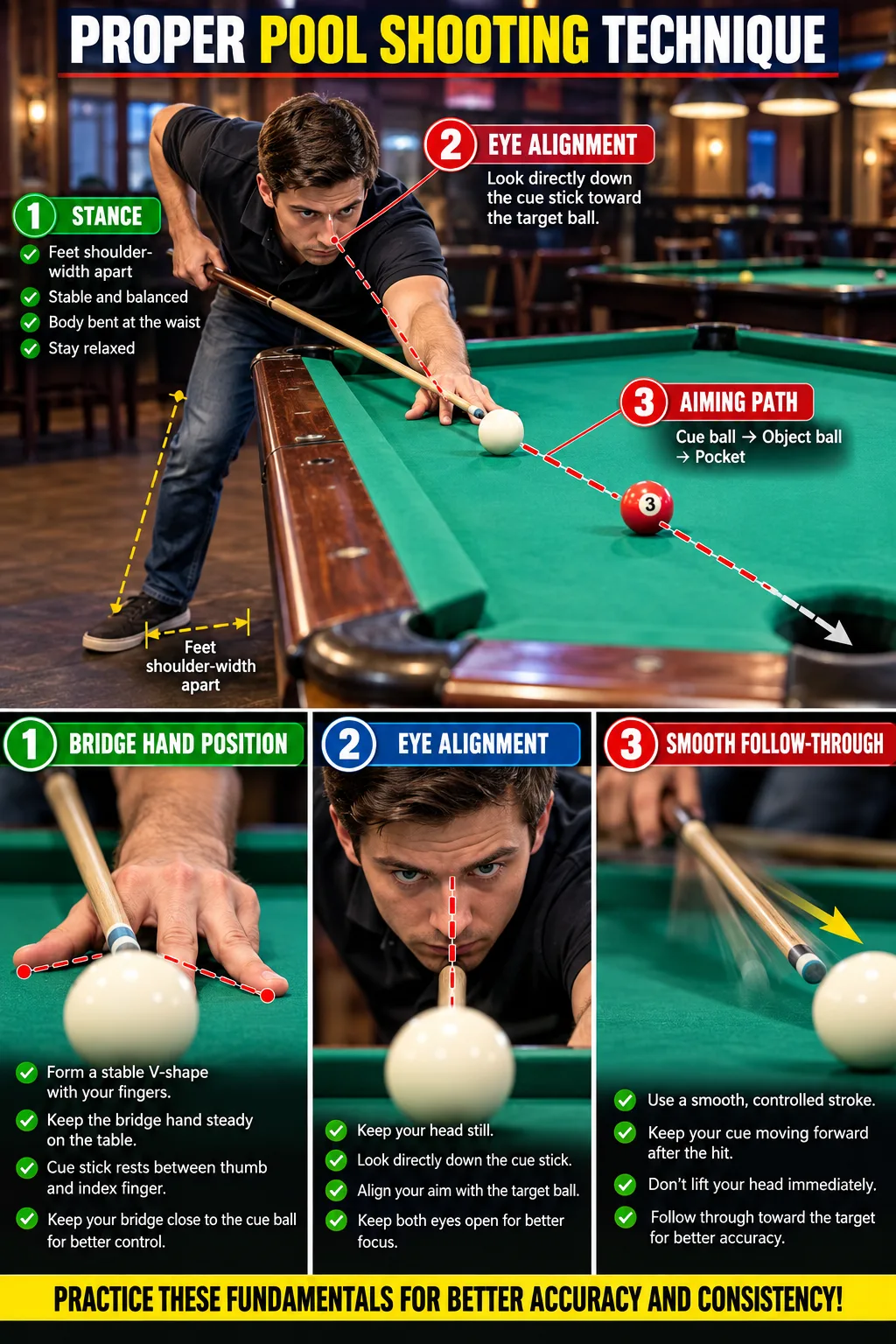 Infographic showing how to shoot pool with the correct stance, bridge hand position, eye alignment, aiming path, and smooth follow-through.