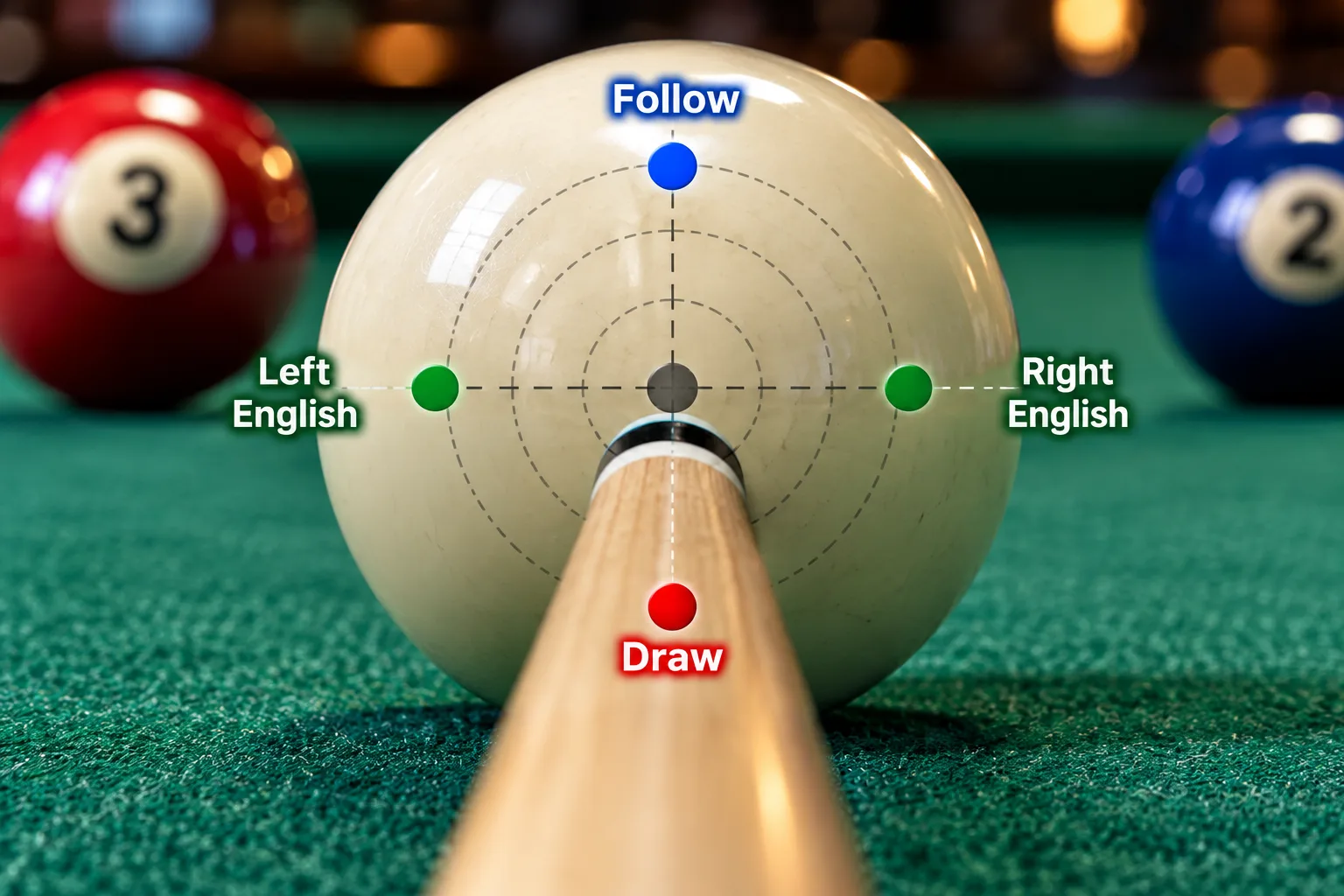 Pool cue ball hit point guide showing draw, follow, and left and right English strike zones on a white cue ball with a wooden cue stick on green pool table felt.