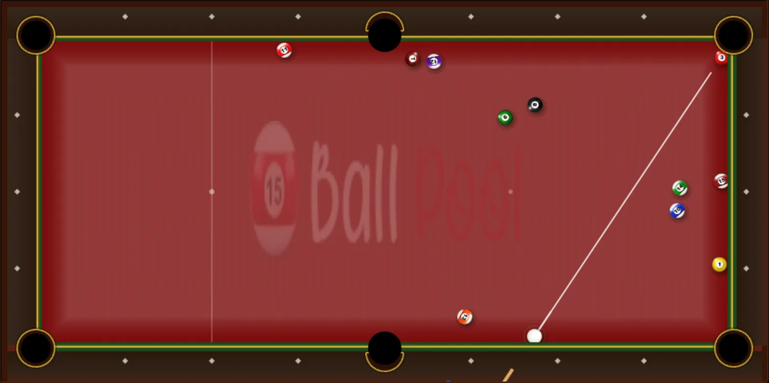 Top-down pool table diagram showing a straight shot with the cue ball, object ball, cue stick, and pocket aligned in a straight line.